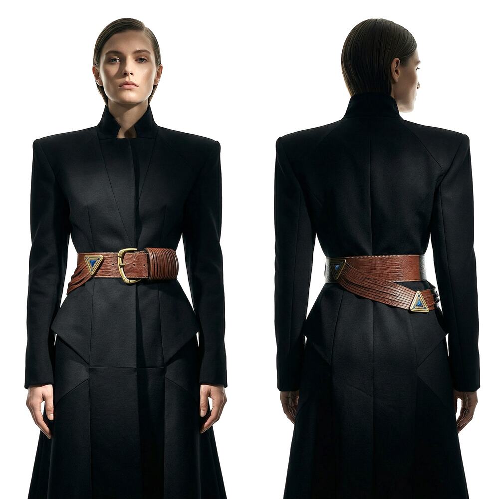 Vintage 90s Italian Wide Leather Belt Blue Stone Hardware